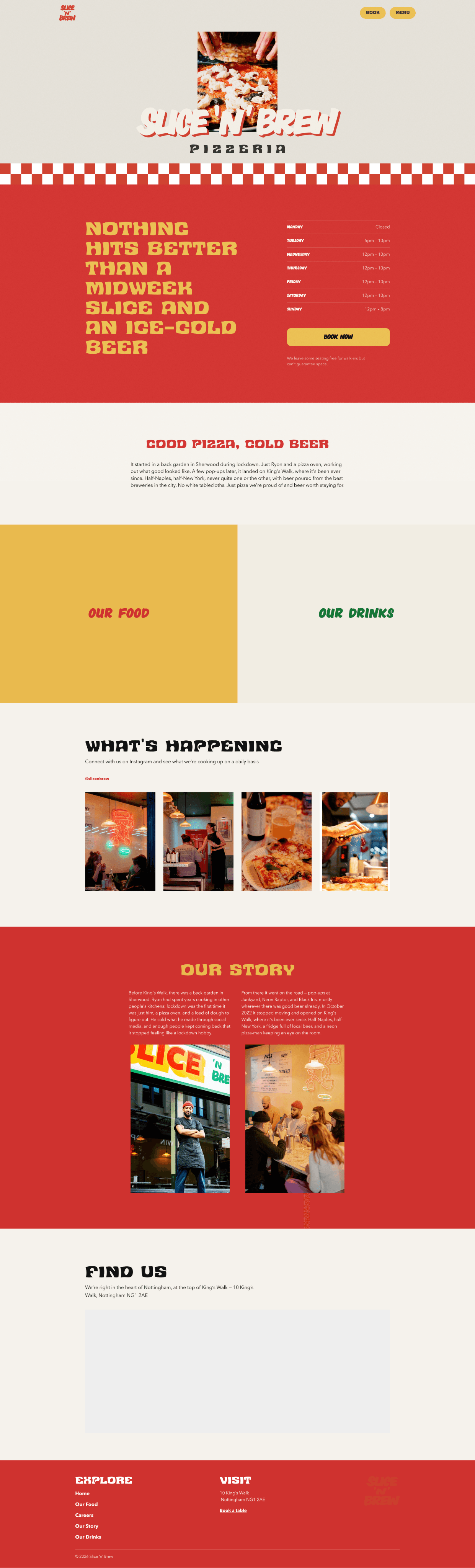 The finished Slice 'n' Brew homepage in full, from the hero through what's happening, our story, and find us.