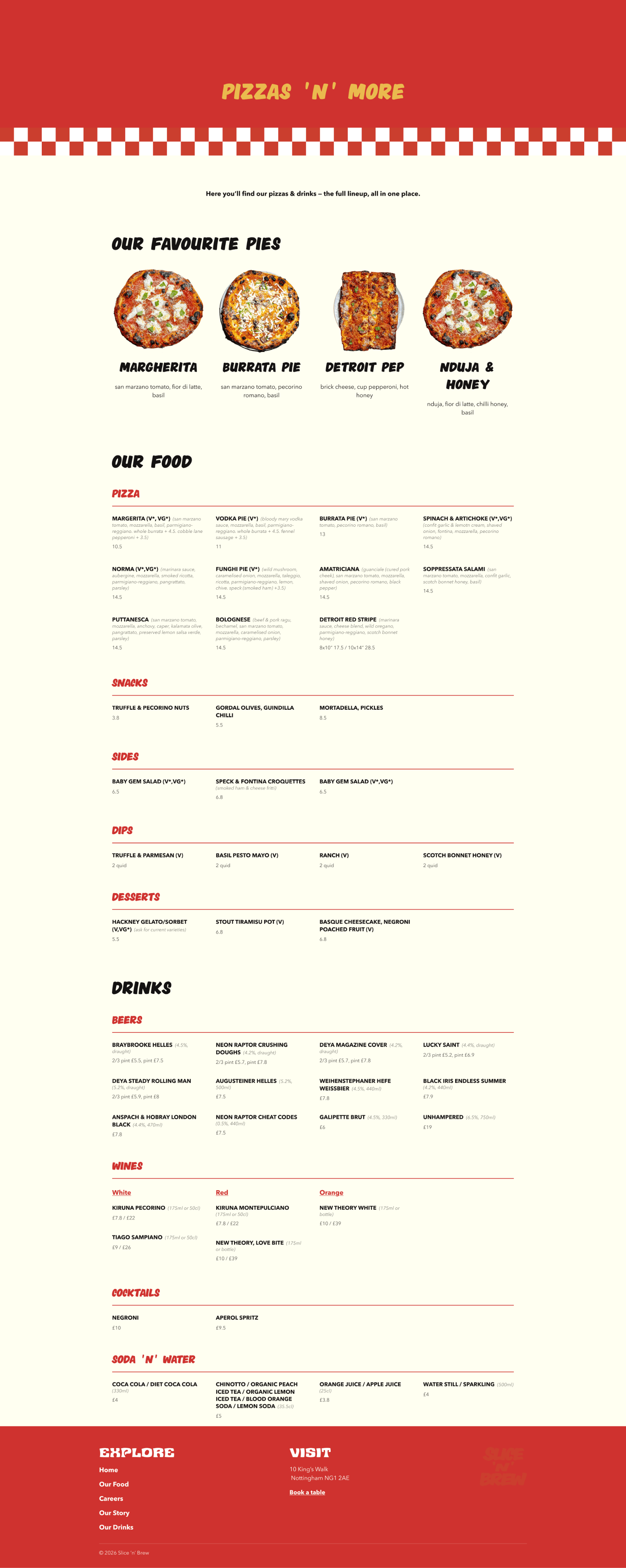 The finished menu page. Pizzas, sides and drinks laid out to scan in one scroll.