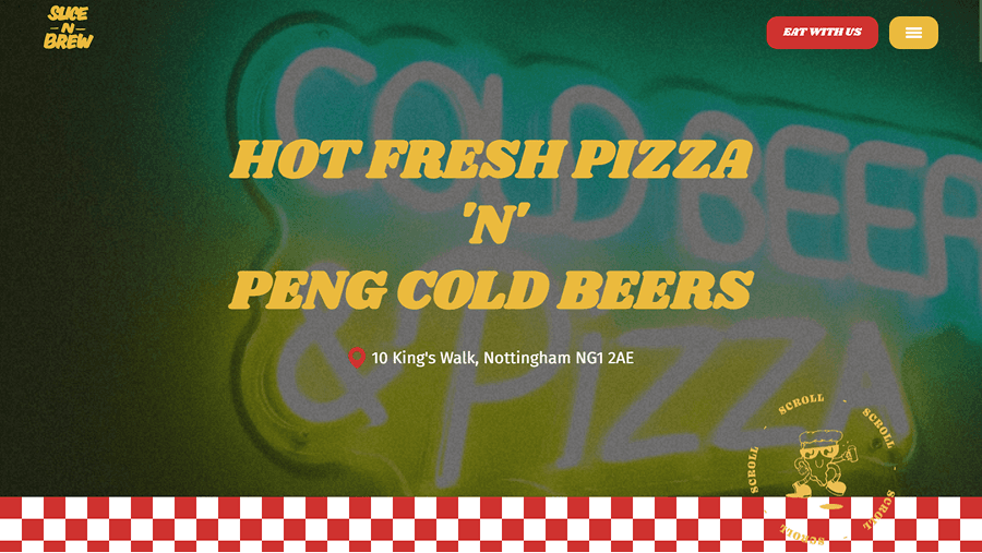 The Slice 'n' Brew homepage over a green neon cold beer and pizza sign, with a red checkerboard band along the bottom.