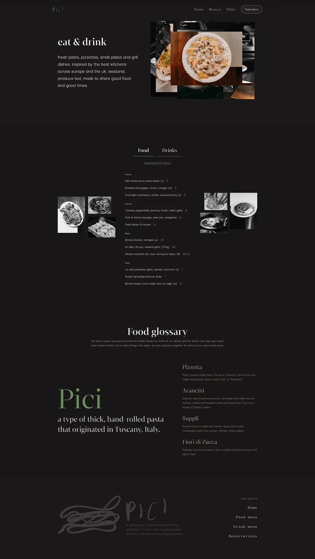 The top of Pici's menu page. Eat and drink, beside a stack of overlapping dish photographs.