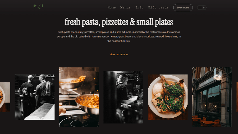 Pici's fresh pasta, pizzettes and small plates section. A line of mostly black-and-white kitchen and dining photographs under serif type.
